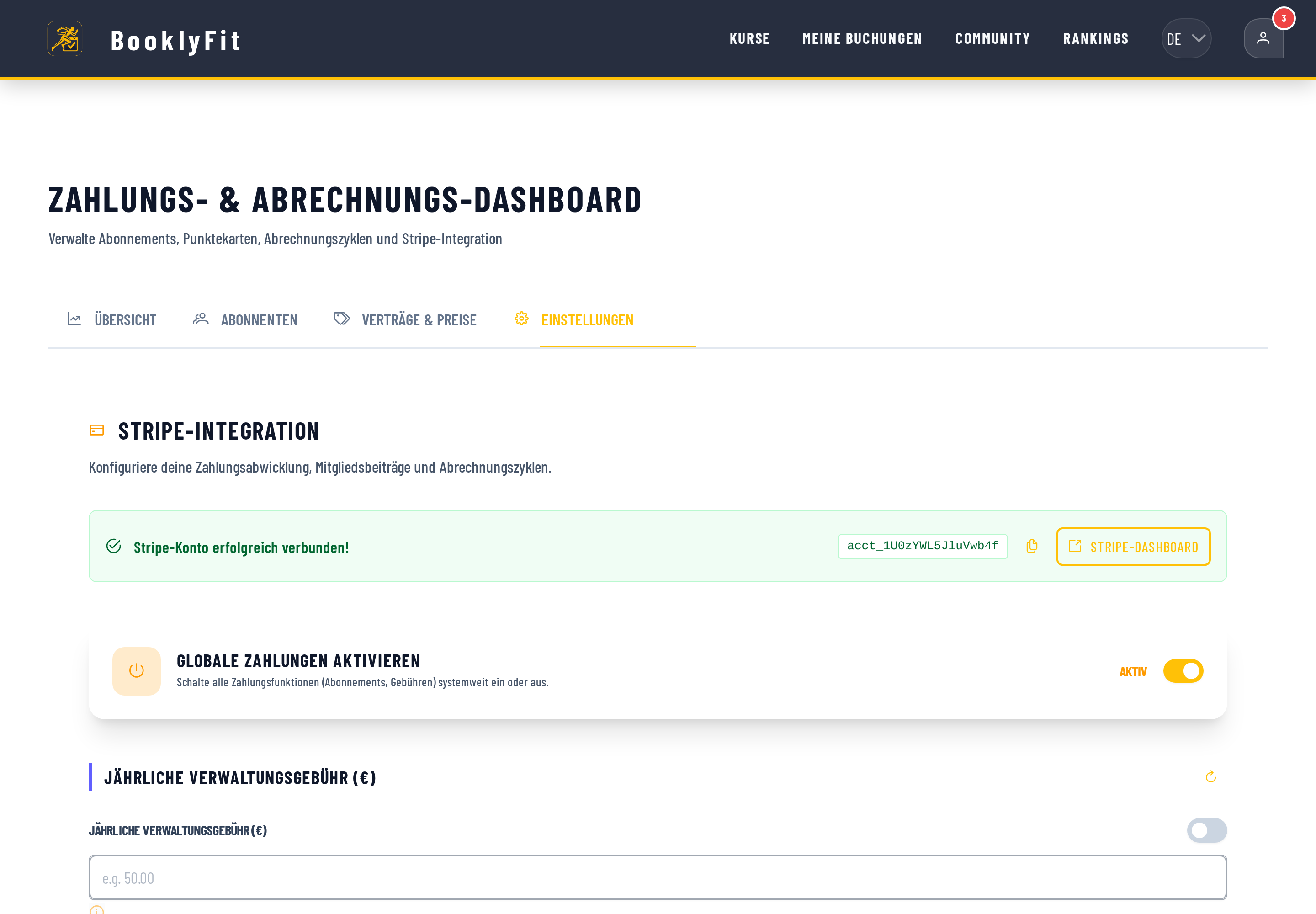 BooklyFit Zahlungseinstellungen mit erfolgreich verbundenem Stripe-Konto