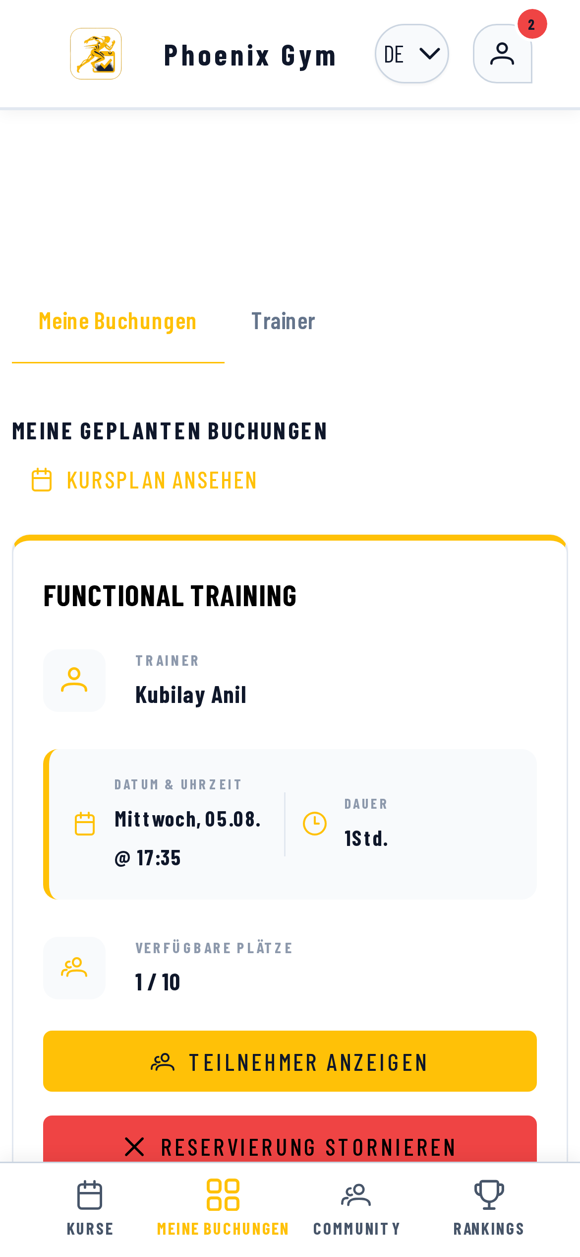 BooklyFit Mitglieder-Buchungsübersicht
