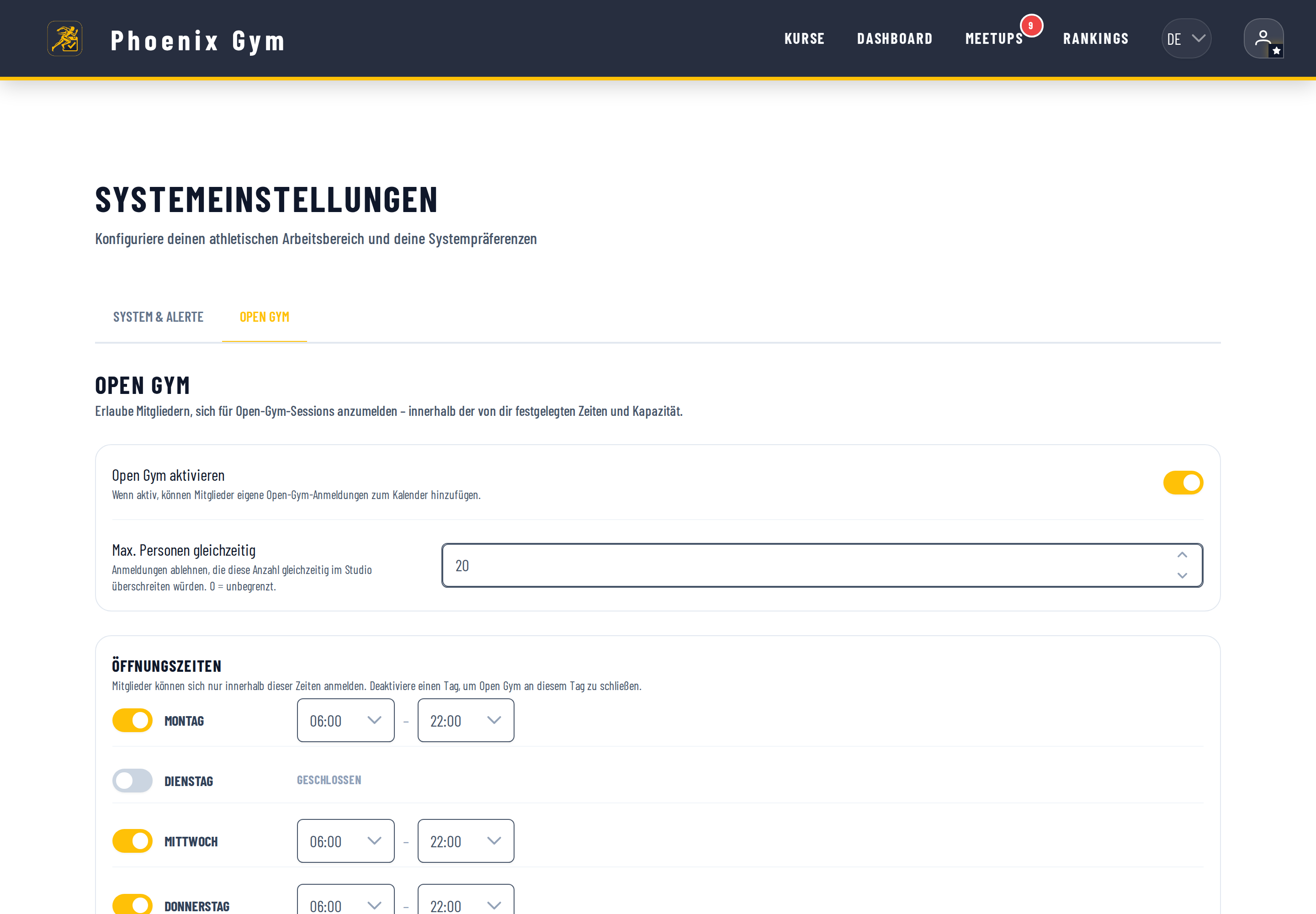 Open-Gym-Einstellungen