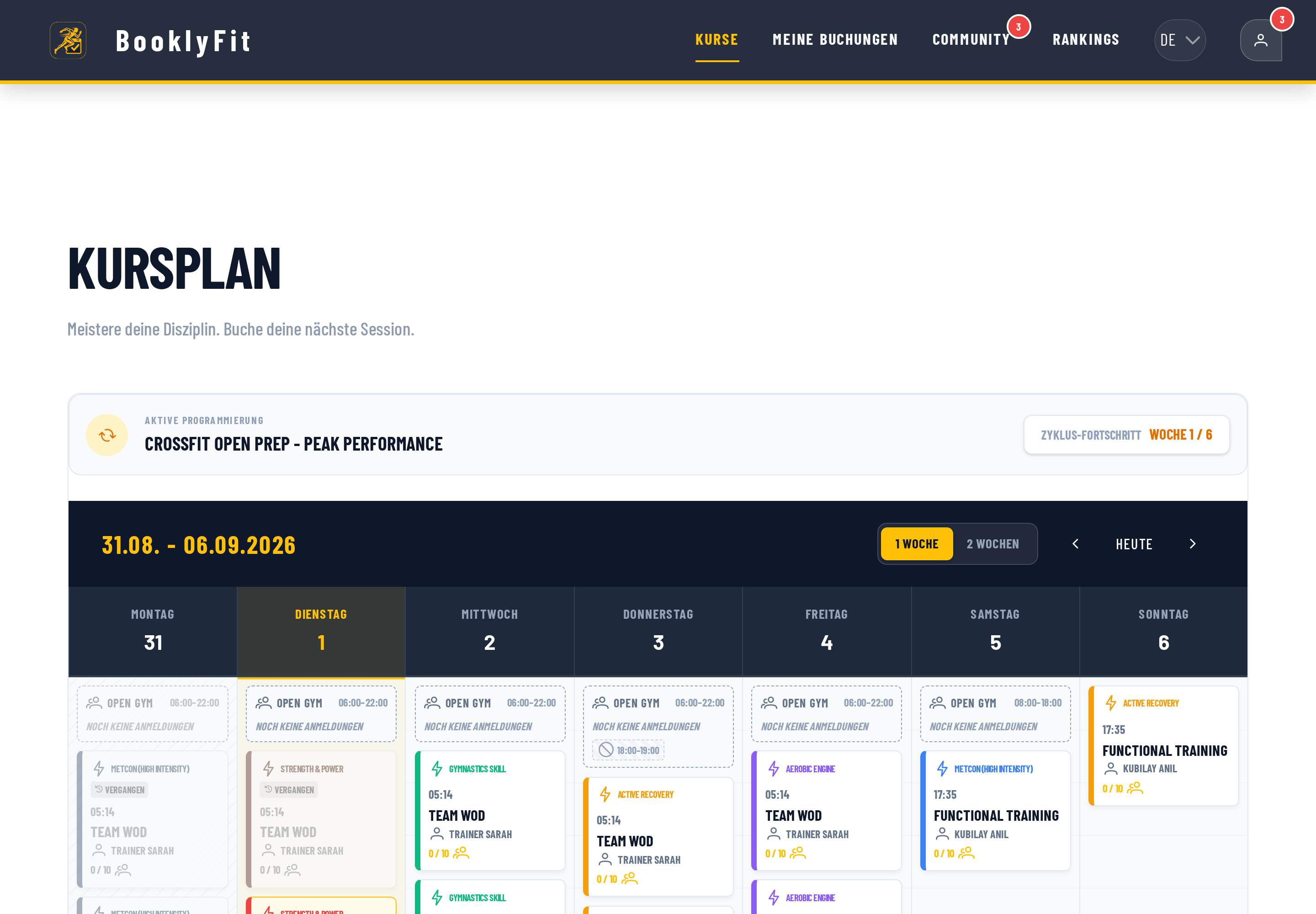 BooklyFit Kursplan mit fest durchgesetzter Kapazität pro Kurs